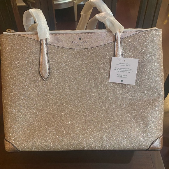 🩷🔥NWT KATE SPADE EXTRA LARGE ROSE GOLD GLITTER TOTE + FREE NWT KATE SPADE TOTE❣️ - Picture 2 of 12